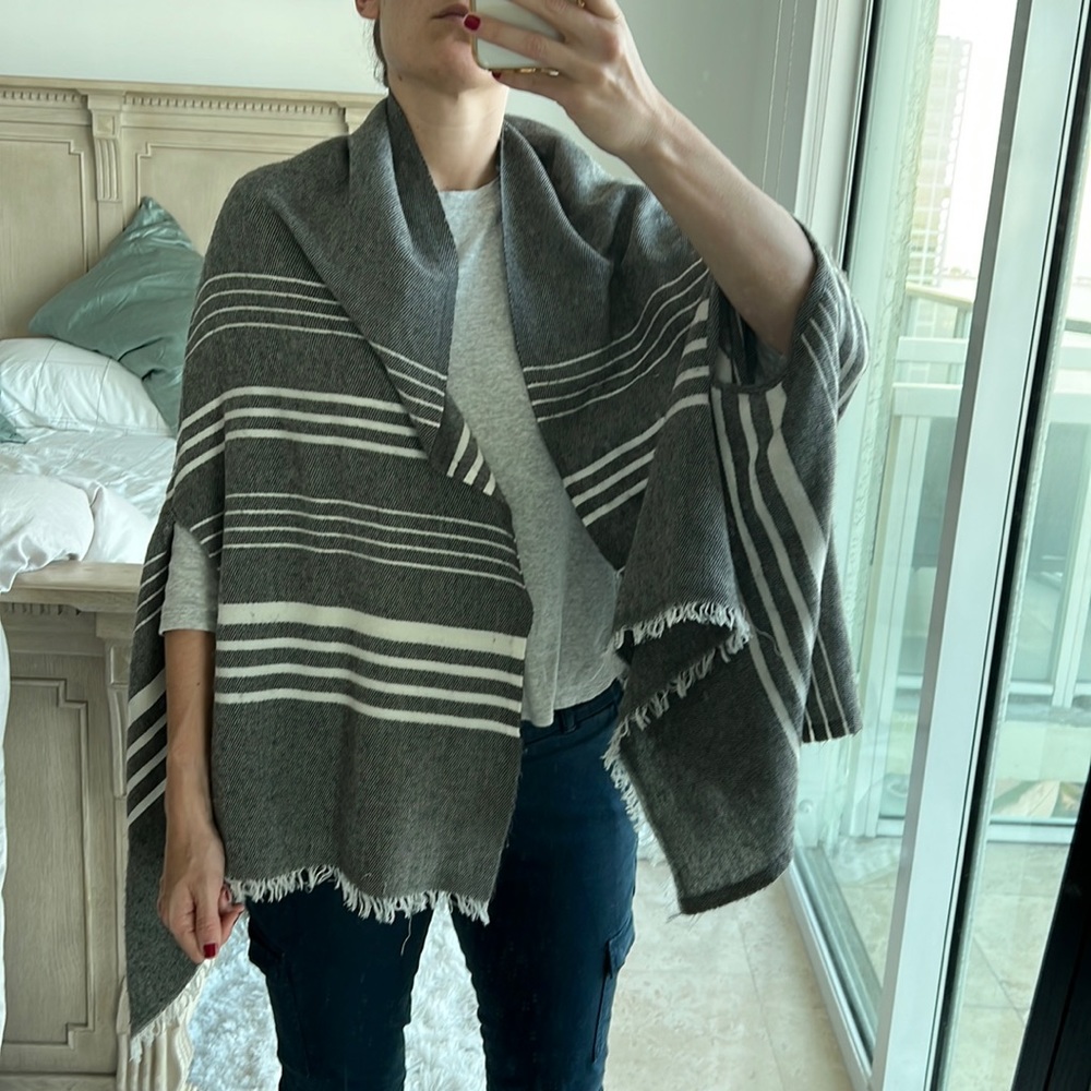 J. Crew white and dark grey striped shawl with arm slits